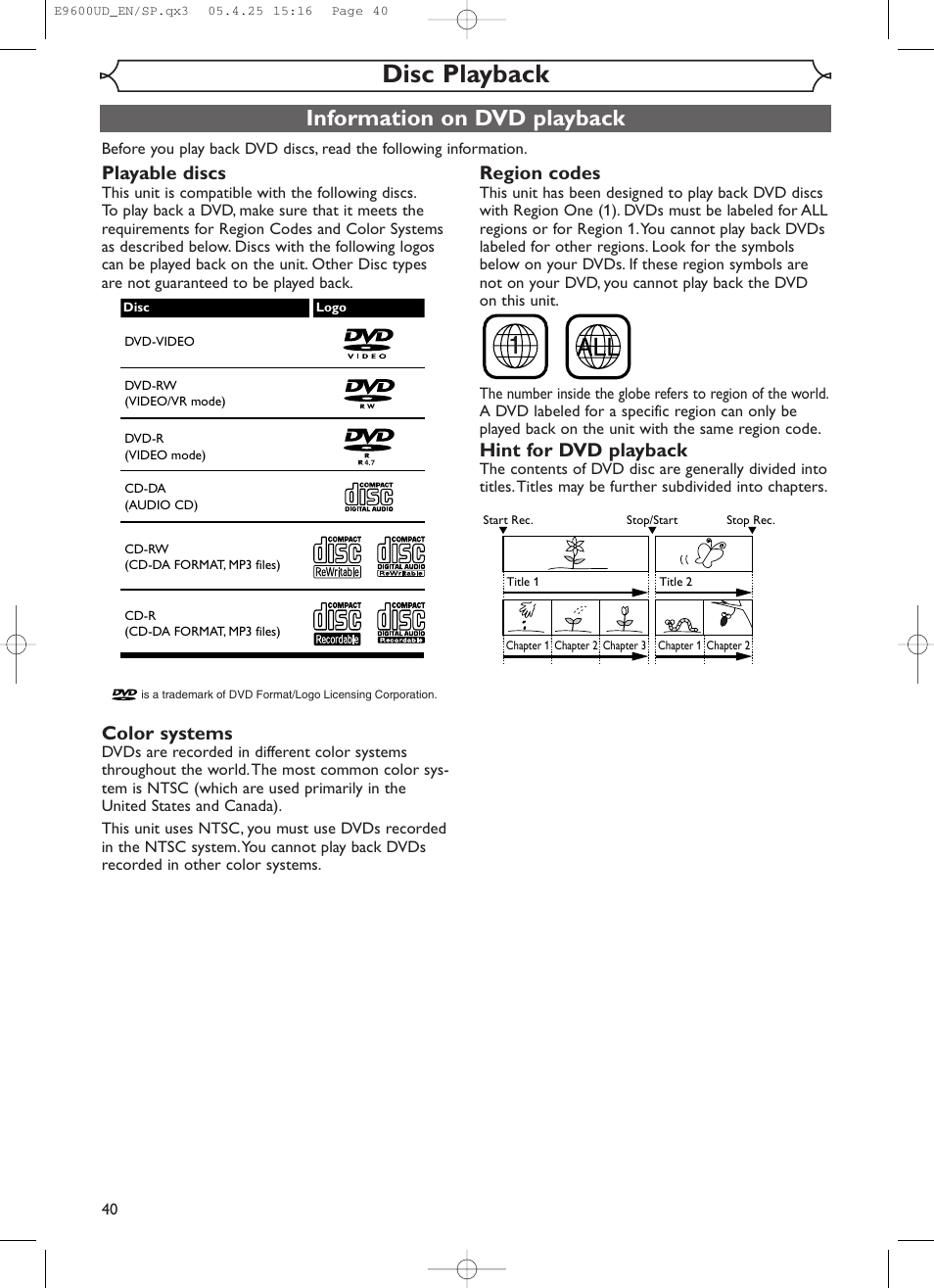 Disc playback, Information on dvd playback, Playable discs | Color systems, Region codes, Hint for dvd playback | Emerson EWR20V5 User Manual | Page 42 / 90
