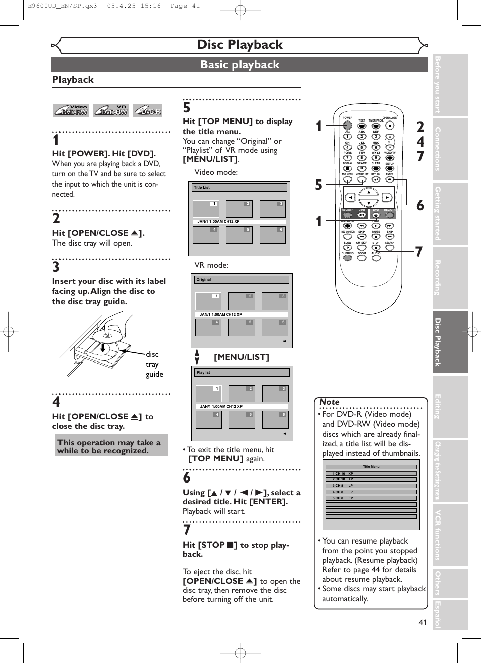 Disc playback, Basic playback, Playback | Hit [open/close a ]. the disc tray will open, Hit [open/close a ] to close the disc tray | Emerson EWR20V5 User Manual | Page 43 / 90