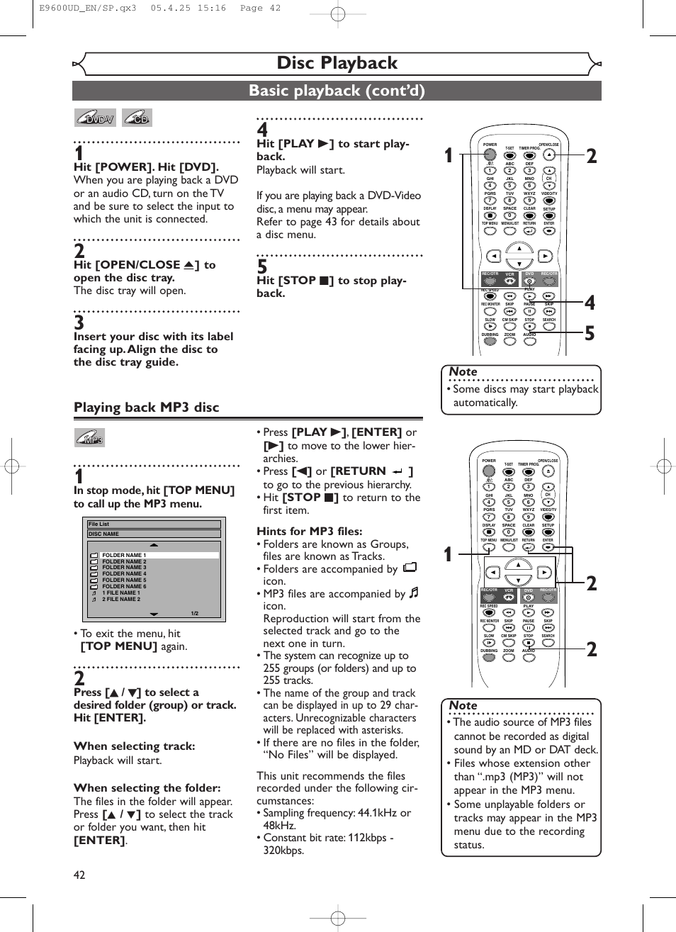 Disc playback, Basic playback (cont’d), Playing back mp3 disc | Hit [stop c ] to stop play- back, Some discs may start playback automatically | Emerson EWR20V5 User Manual | Page 44 / 90