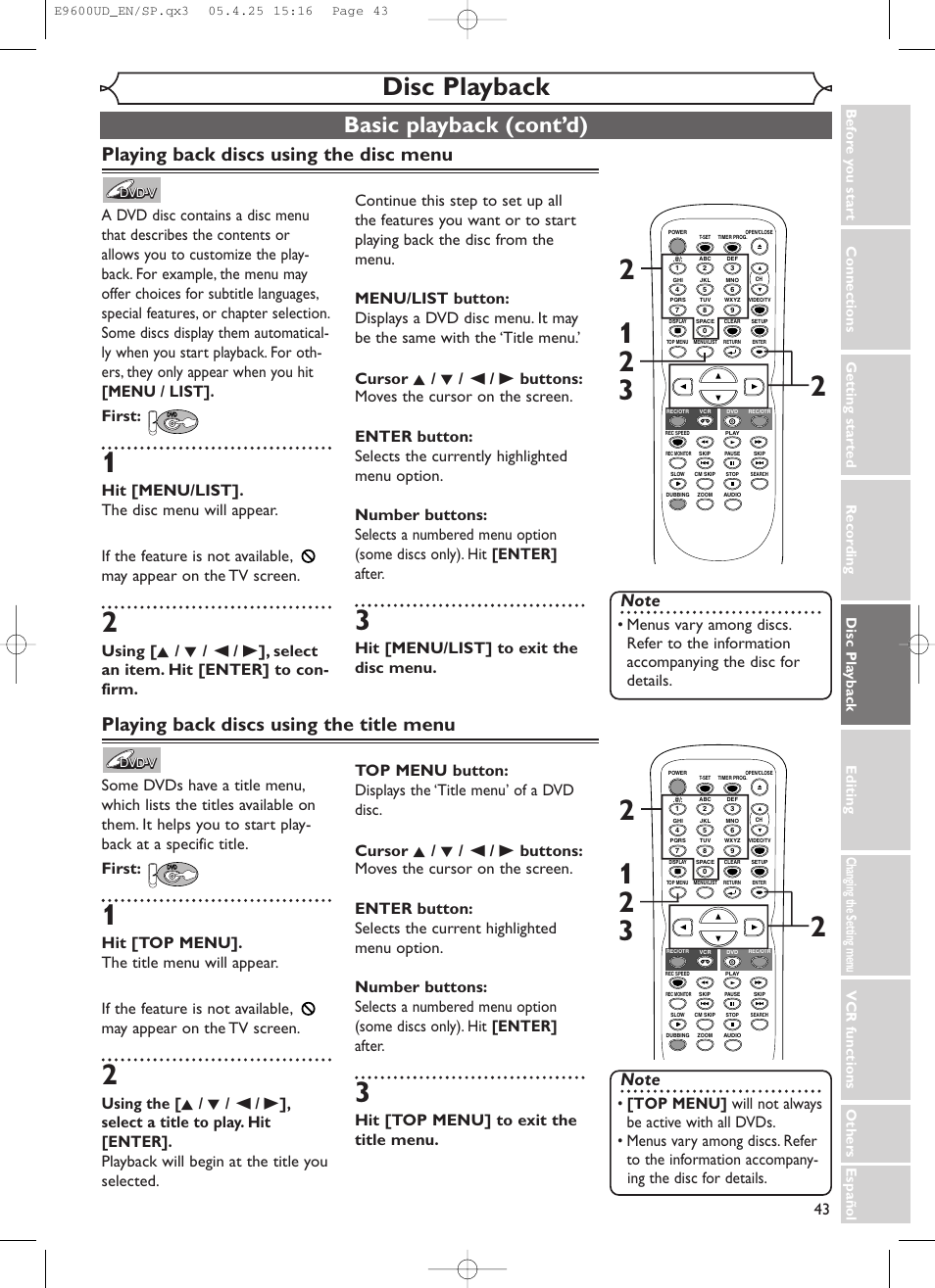 Disc playback, Basic playback (cont’d), Playing back discs using the disc menu | Playing back discs using the title menu, Hit [menu/list] to exit the disc menu, Hit [top menu] to exit the title menu | Emerson EWR20V5 User Manual | Page 45 / 90