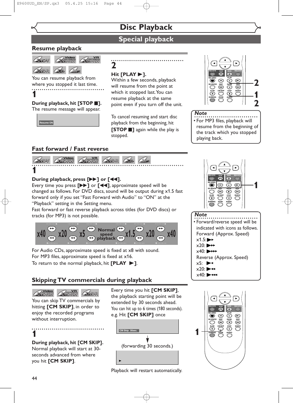 Disc playback, Special playback, Resume playback | Fast forward / fast reverse, Skipping tv commercials during playback | Emerson EWR20V5 User Manual | Page 46 / 90