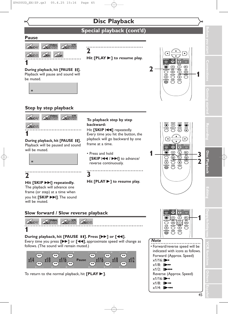 X1/8, Disc playback, Special playback (cont’d) | Pause, Step by step playback, Slow forward / slow reverse playback, Hit [play b ] to resume play | Emerson EWR20V5 User Manual | Page 47 / 90