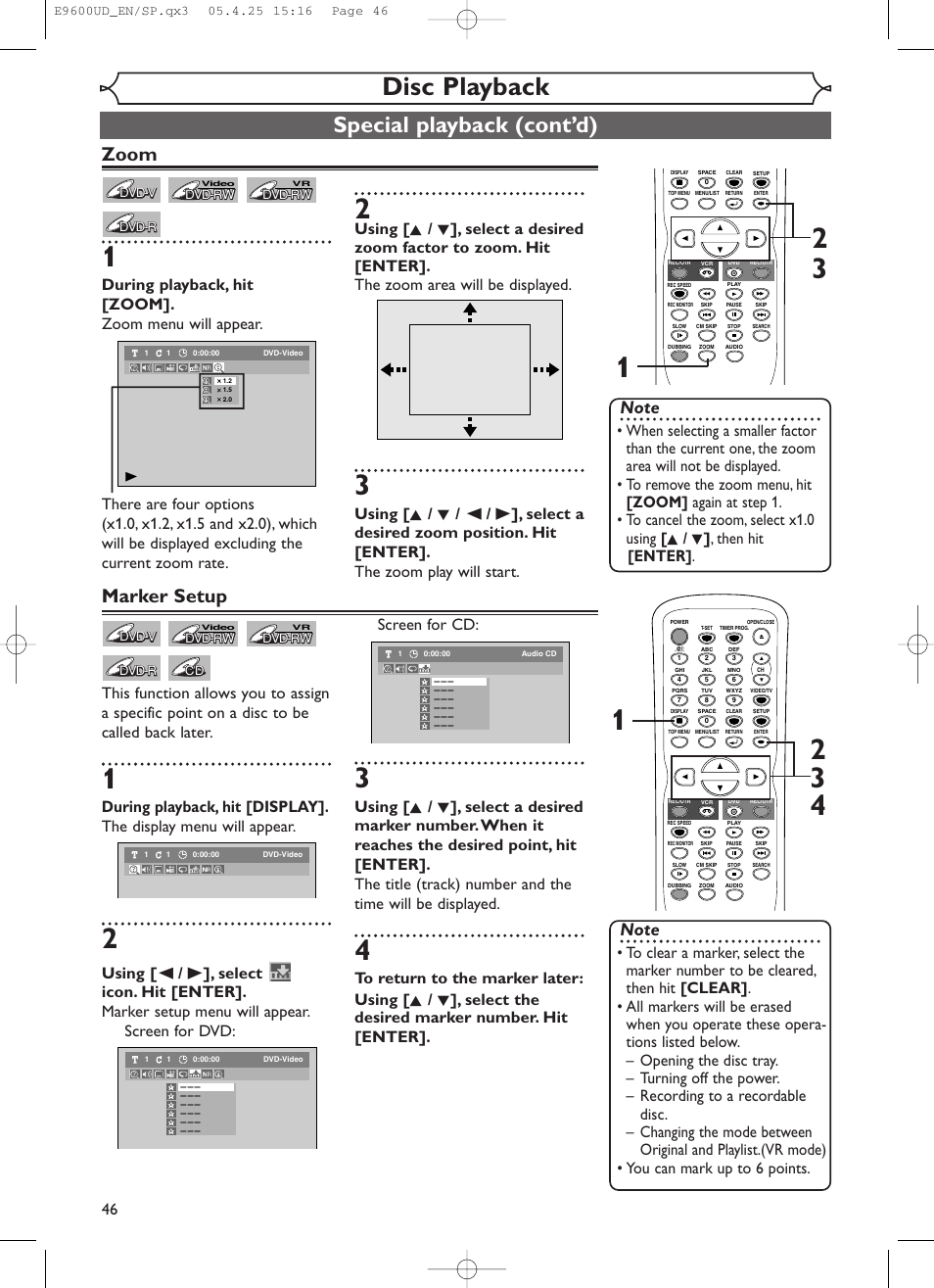 Disc playback, Special playback (cont’d), Zoom | Marker setup | Emerson EWR20V5 User Manual | Page 48 / 90