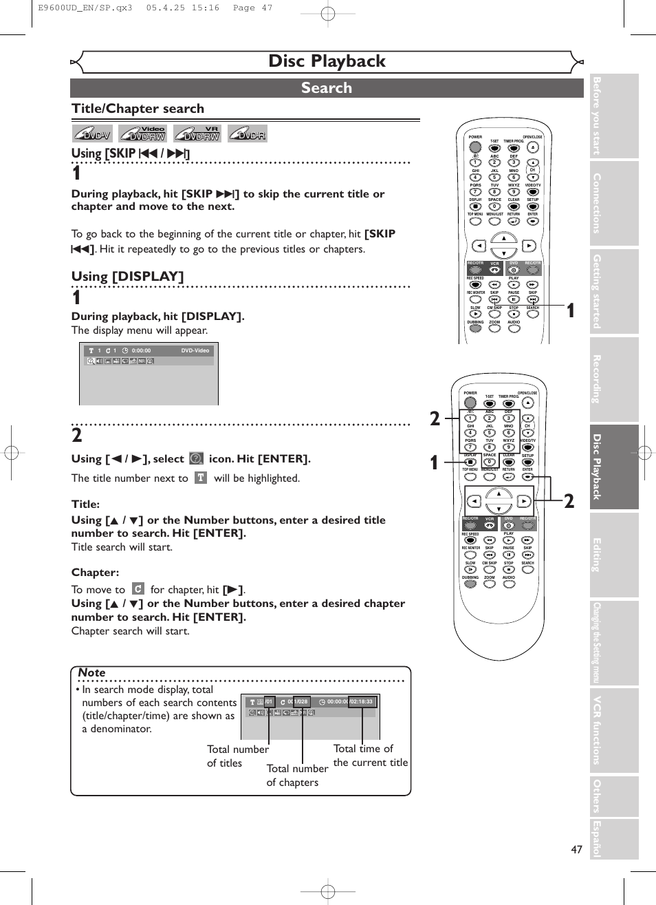 Disc playback, Search, Title/chapter search using [skip h / g | Using [display | Emerson EWR20V5 User Manual | Page 49 / 90