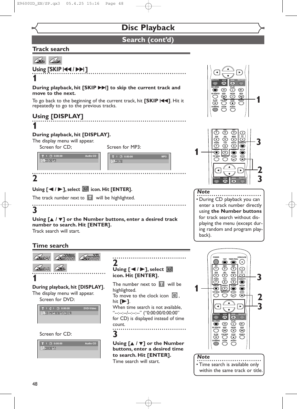 Disc playback, Search (cont’d), Track search using [skip h / g | Using [display, Time search | Emerson EWR20V5 User Manual | Page 50 / 90