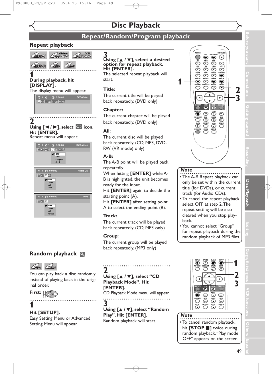 Disc playback, Repeat/random/program playback, Repeat playback | Random playback | Emerson EWR20V5 User Manual | Page 51 / 90