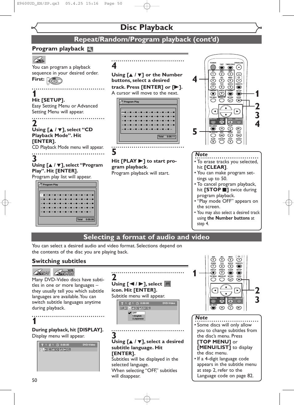 Disc playback, Repeat/random/program playback (cont’d), Selecting a format of audio and video | Program playback, Switching subtitles | Emerson EWR20V5 User Manual | Page 52 / 90