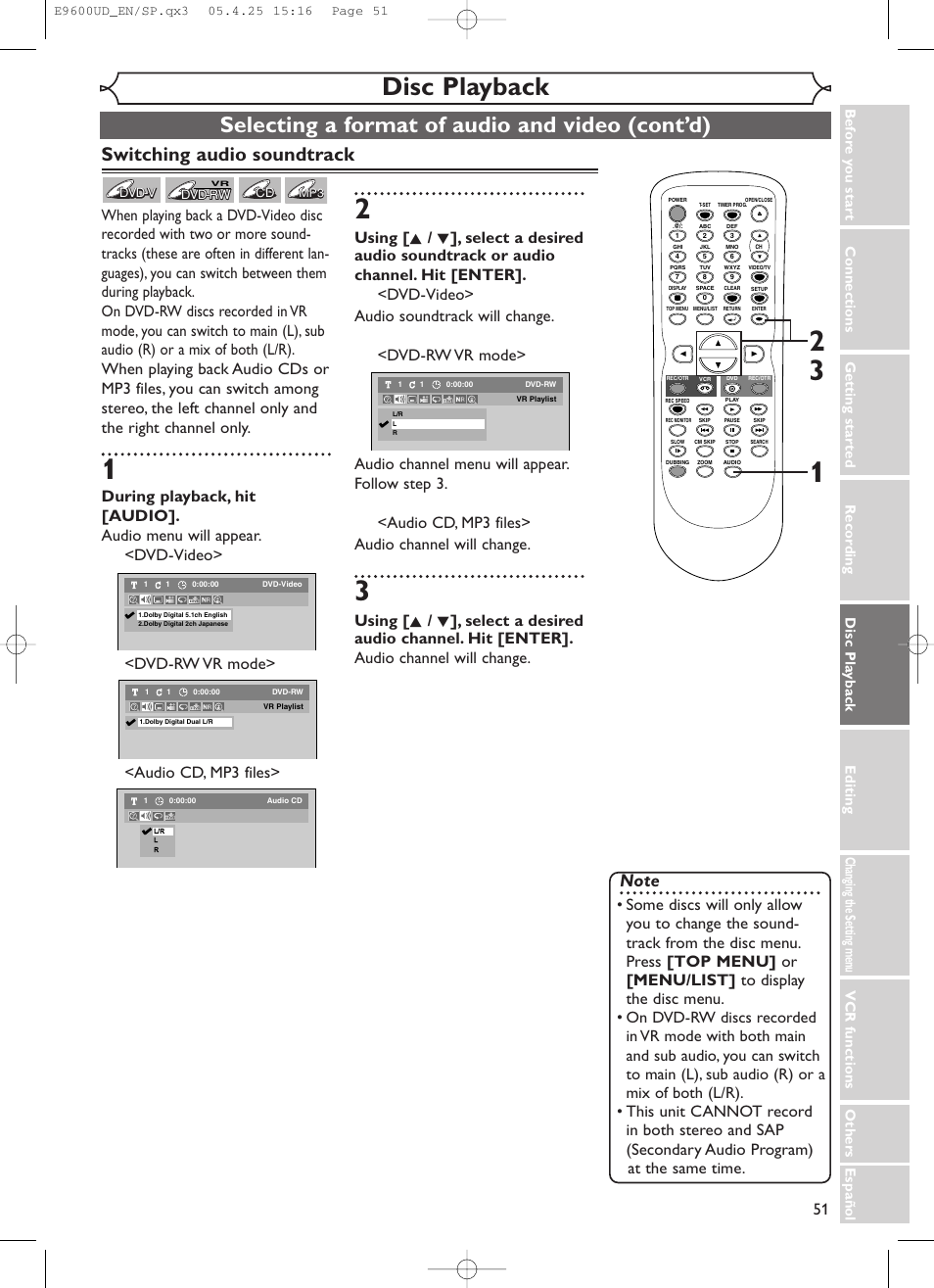 Disc playback, Selecting a format of audio and video (cont’d), Switching audio soundtrack | Emerson EWR20V5 User Manual | Page 53 / 90