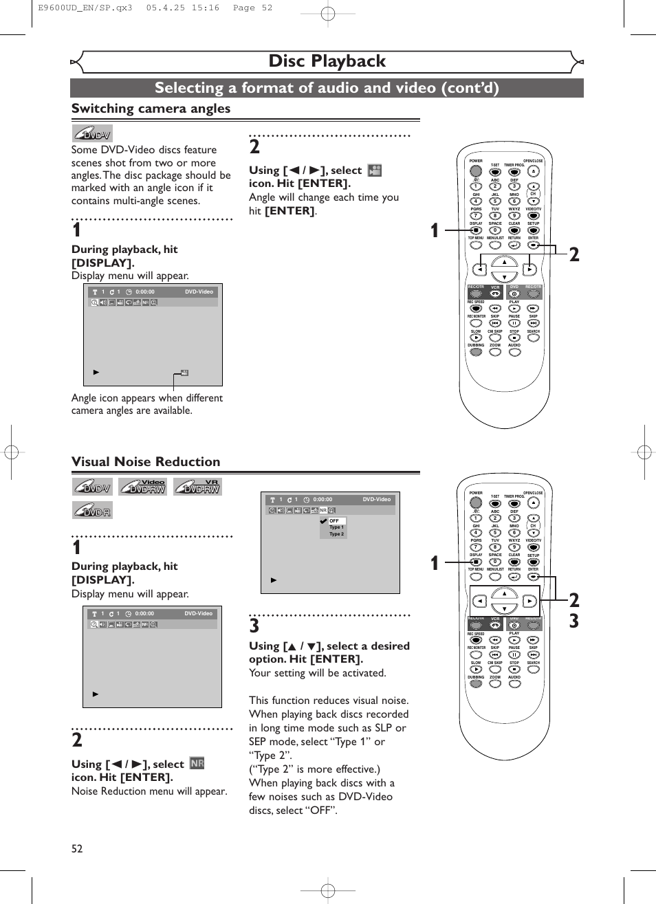 Disc playback, Selecting a format of audio and video (cont’d), Switching camera angles | Visual noise reduction | Emerson EWR20V5 User Manual | Page 54 / 90