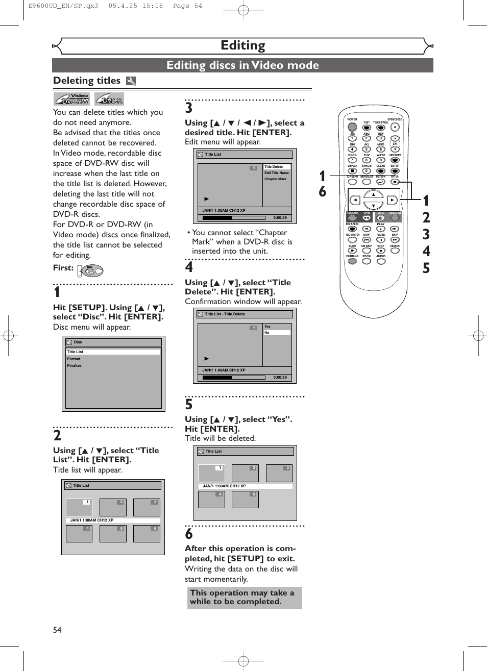 Editing, Editing discs in video mode, Deleting titles | Emerson EWR20V5 User Manual | Page 56 / 90