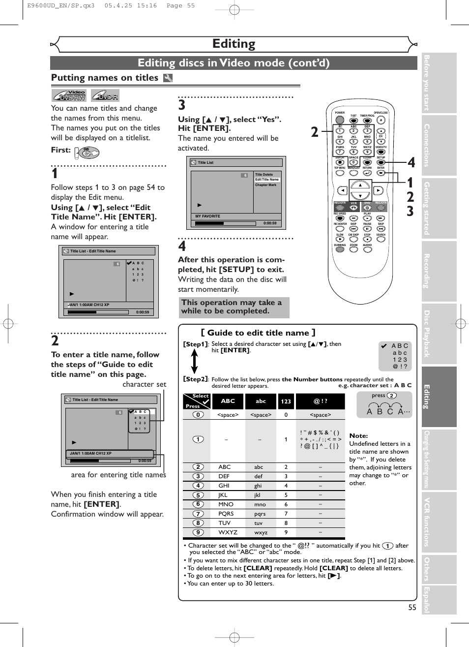 Editing, Editing discs in video mode (cont’d), Putting names on titles | Guide to edit title name, A b c a | Emerson EWR20V5 User Manual | Page 57 / 90