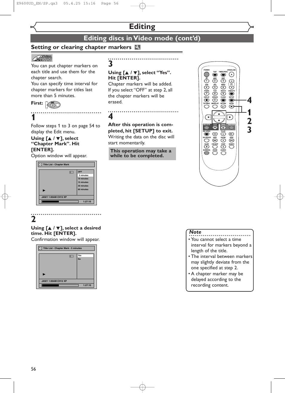 Editing, Editing discs in video mode (cont’d), Setting or clearing chapter markers | Emerson EWR20V5 User Manual | Page 58 / 90