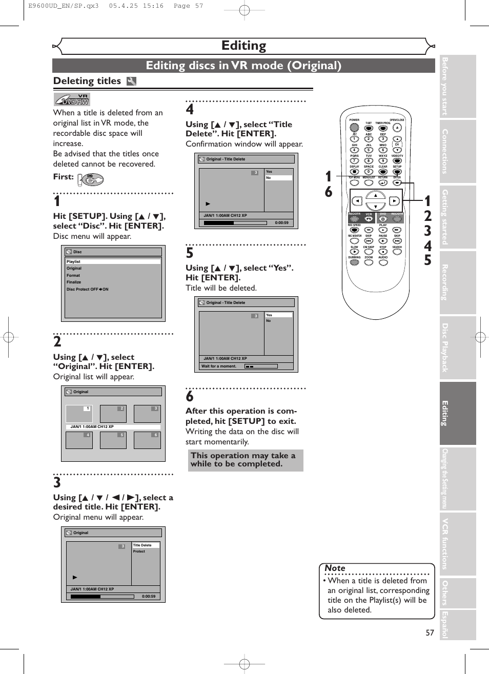 Editing, Editing discs in vr mode (original), Deleting titles | Emerson EWR20V5 User Manual | Page 59 / 90