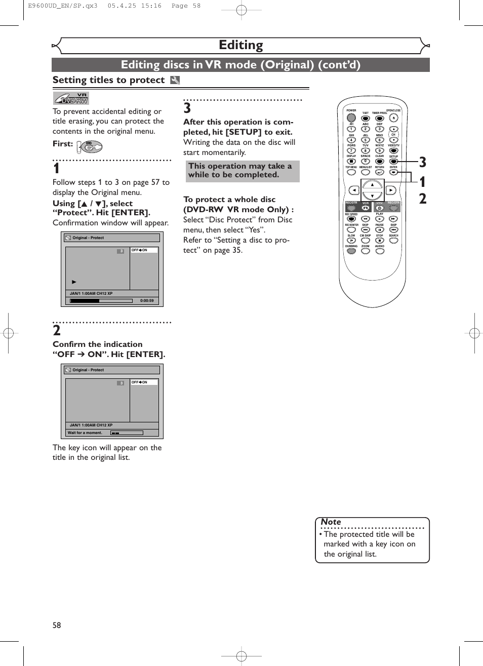 Editing, Editing discs in vr mode (original) (cont’d), Setting titles to protect | Emerson EWR20V5 User Manual | Page 60 / 90