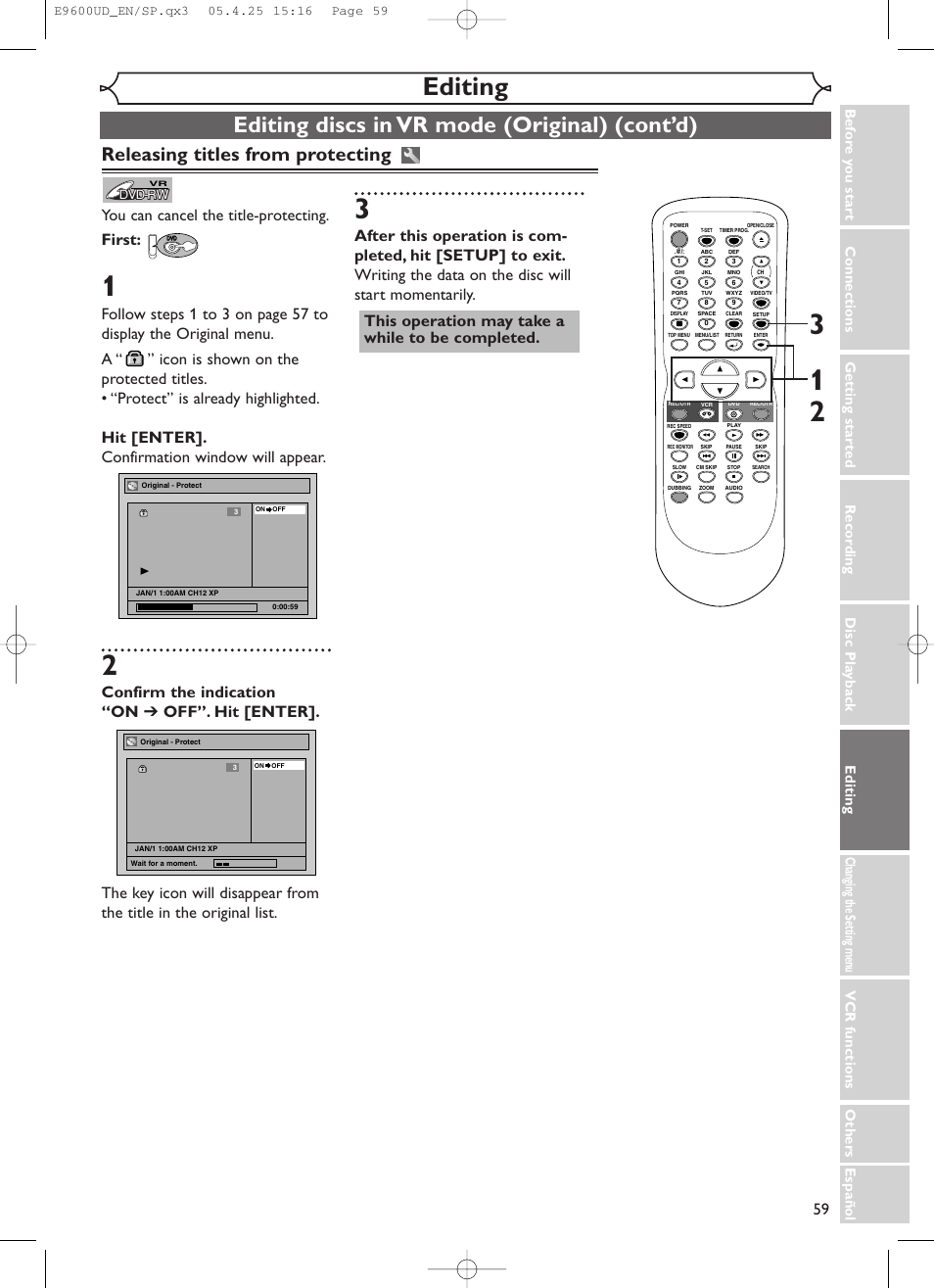 Editing, Editing discs in vr mode (original) (cont’d), Releasing titles from protecting | You can cancel the title-protecting. first | Emerson EWR20V5 User Manual | Page 61 / 90