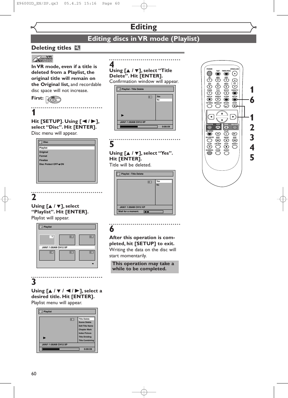 Editing, Editing discs in vr mode (playlist), Deleting titles | Emerson EWR20V5 User Manual | Page 62 / 90