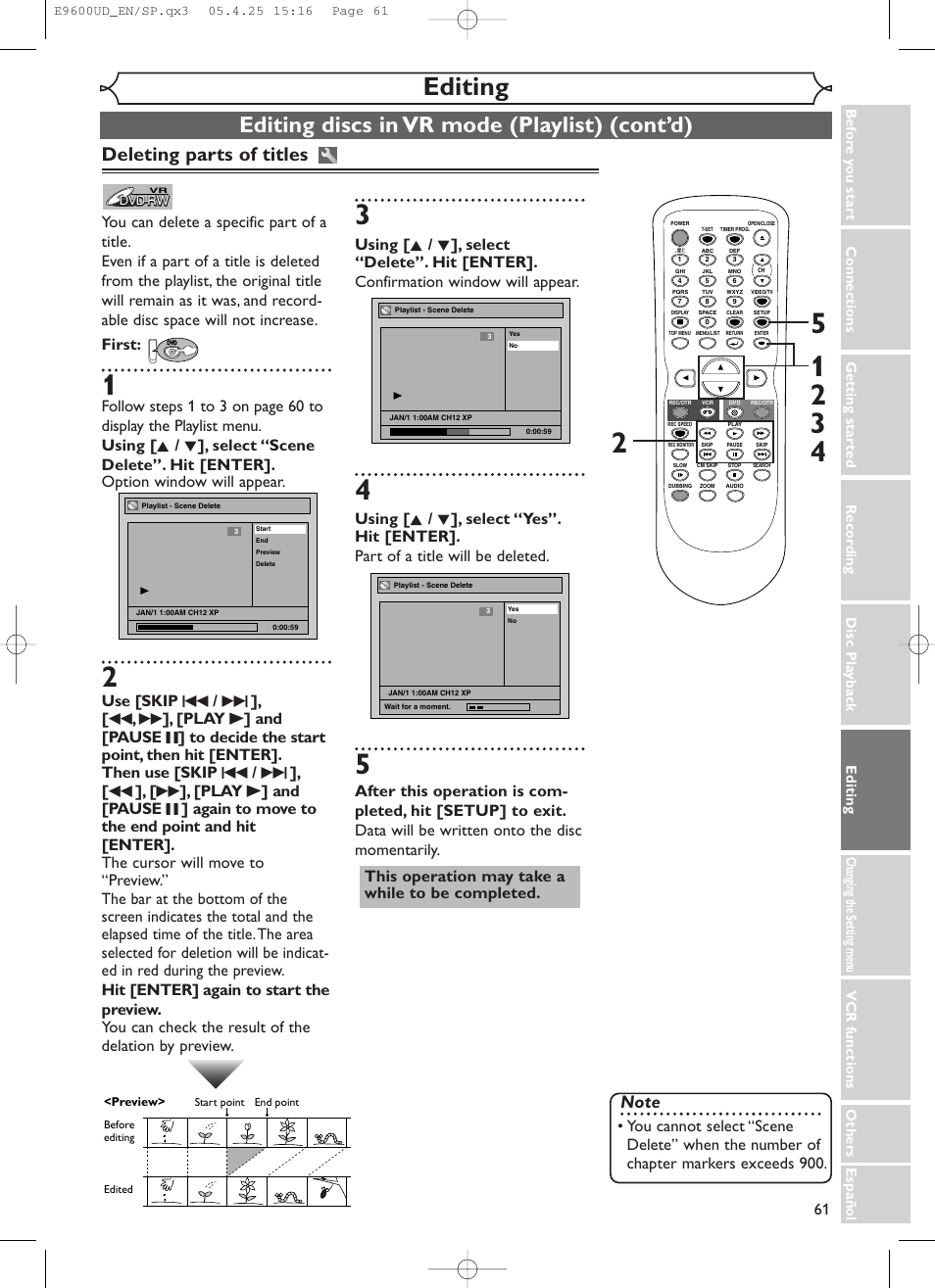 Editing, Editing discs in vr mode (playlist) (cont’d), Deleting parts of titles | Emerson EWR20V5 User Manual | Page 63 / 90