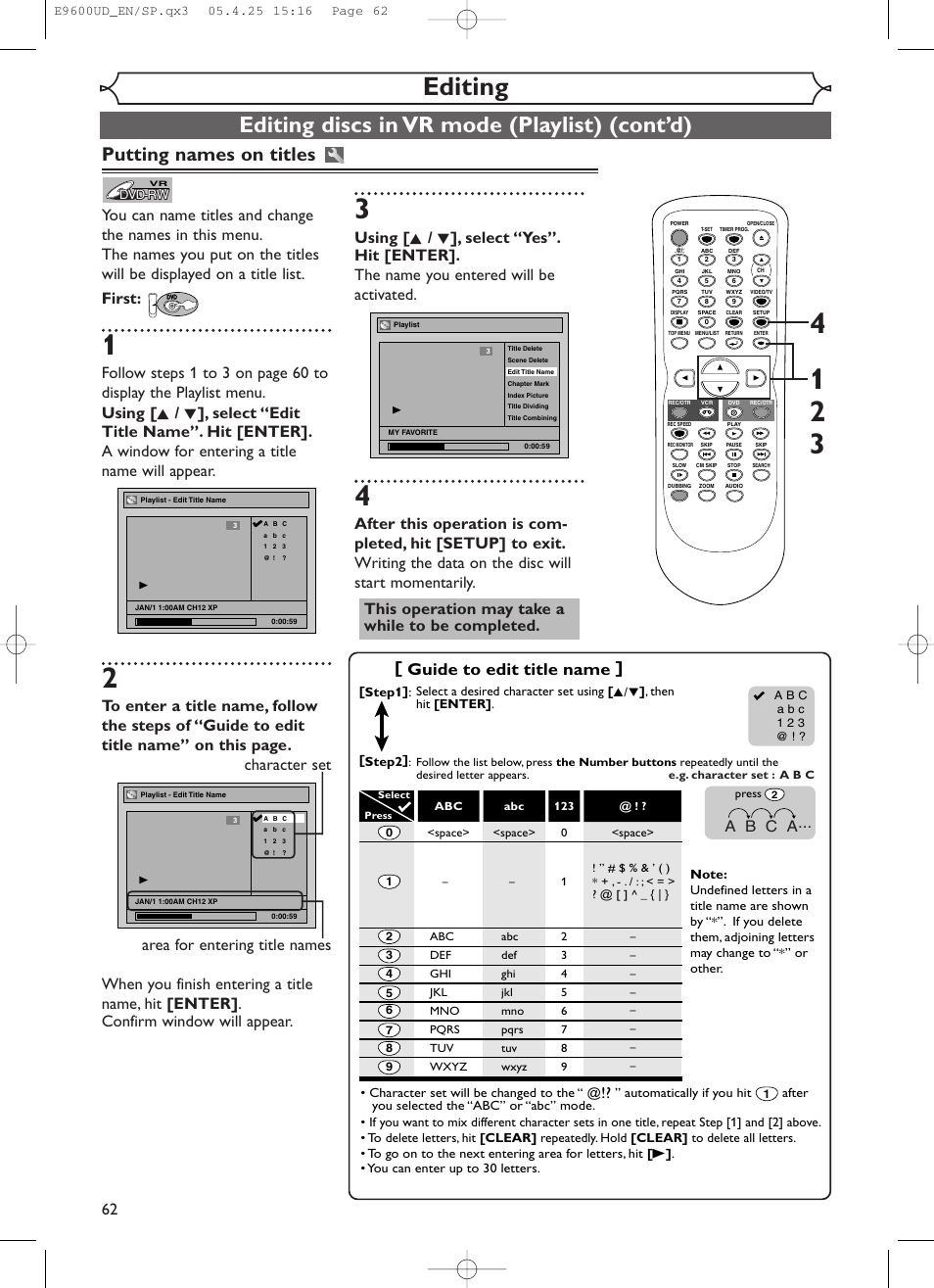 Editing, Editing discs in vr mode (playlist) (cont’d), Putting names on titles | Guide to edit title name, A b c a | Emerson EWR20V5 User Manual | Page 64 / 90