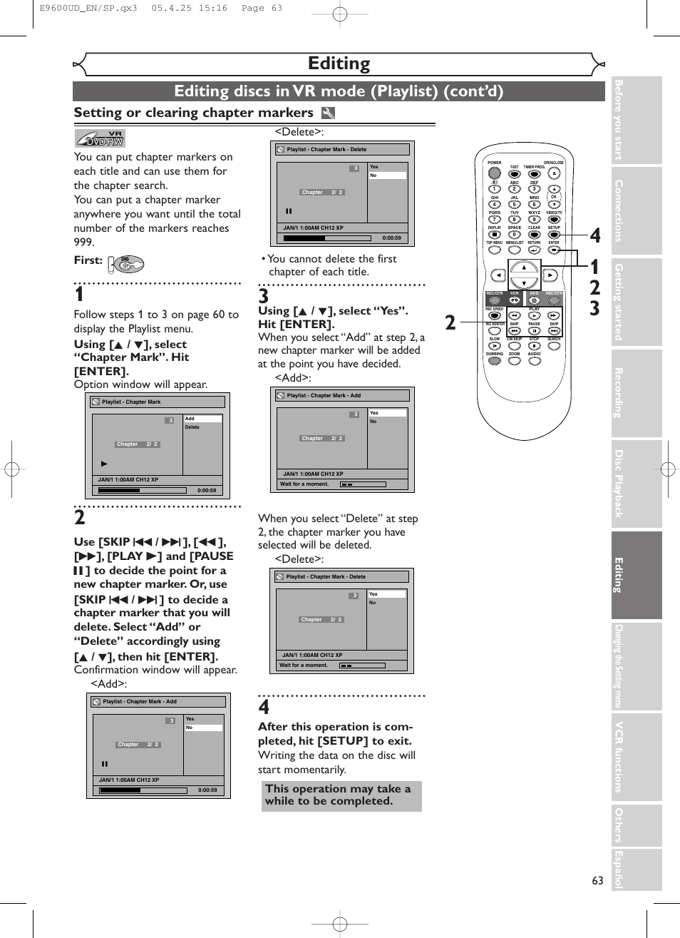 Editing, Editing discs in vr mode (playlist) (cont’d), Setting or clearing chapter markers | Emerson EWR20V5 User Manual | Page 65 / 90