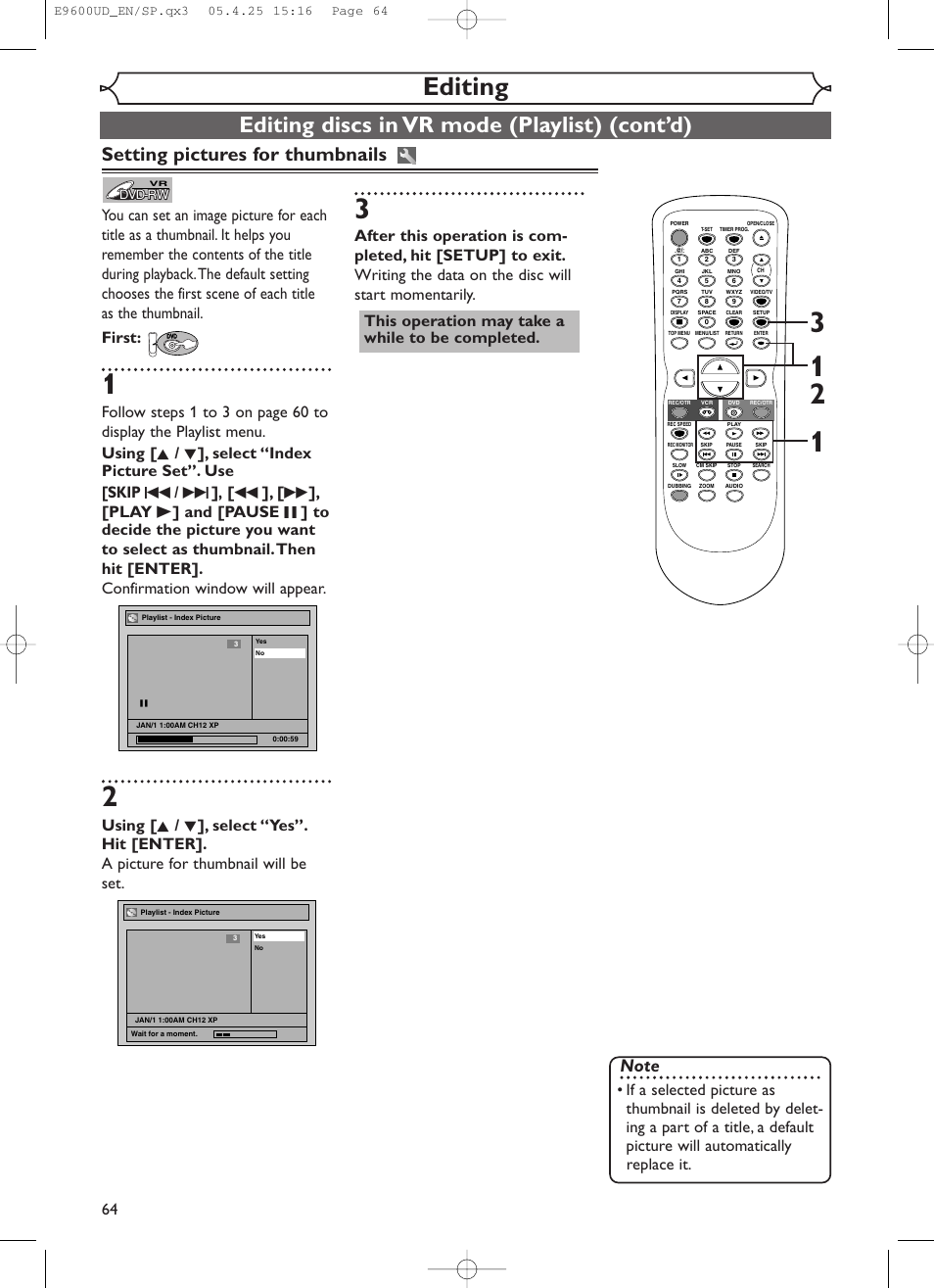 Editing, Editing discs in vr mode (playlist) (cont’d), Setting pictures for thumbnails | Emerson EWR20V5 User Manual | Page 66 / 90