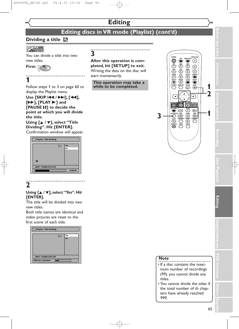 Editing, Editing discs in vr mode (playlist) (cont’d), Dividing a title | You can divide a title into two new titles. first | Emerson EWR20V5 User Manual | Page 67 / 90