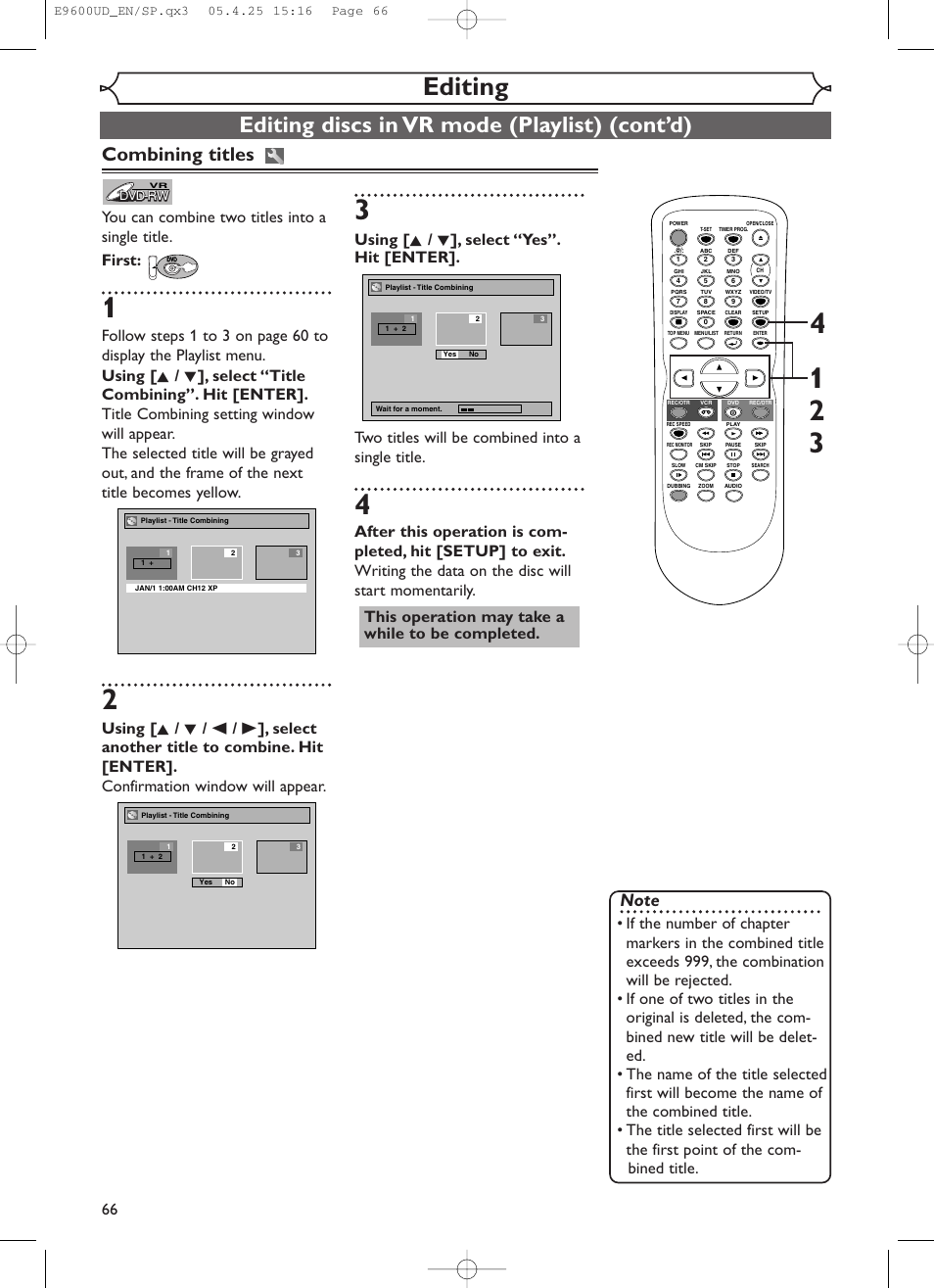 Editing, Editing discs in vr mode (playlist) (cont’d), Combining titles | Emerson EWR20V5 User Manual | Page 68 / 90