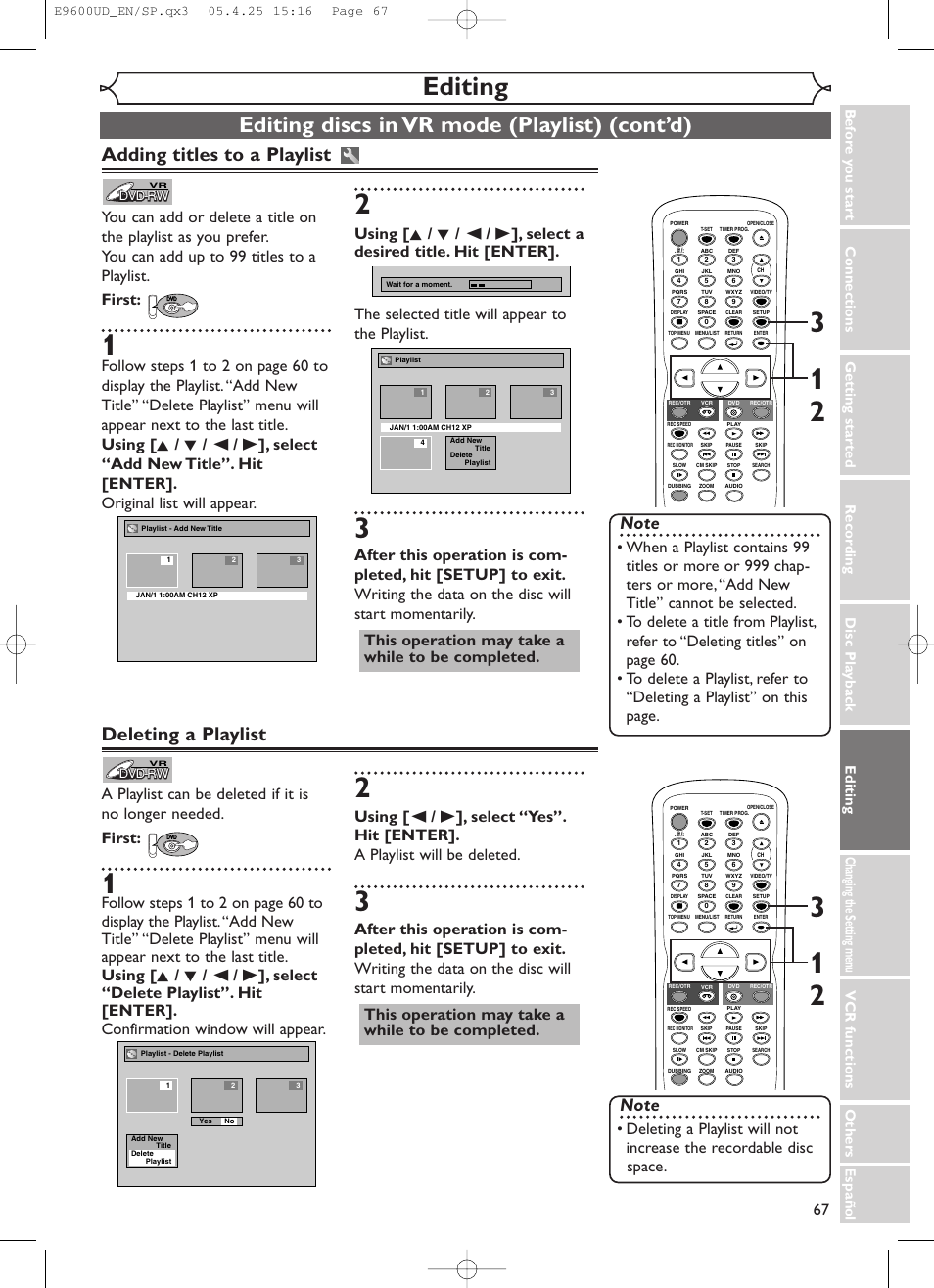 Editing, Editing discs in vr mode (playlist) (cont’d), Adding titles to a playlist | Deleting a playlist | Emerson EWR20V5 User Manual | Page 69 / 90