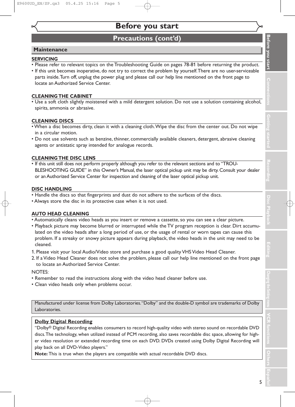 Before you start, Precautions (cont’d) | Emerson EWR20V5 User Manual | Page 7 / 90