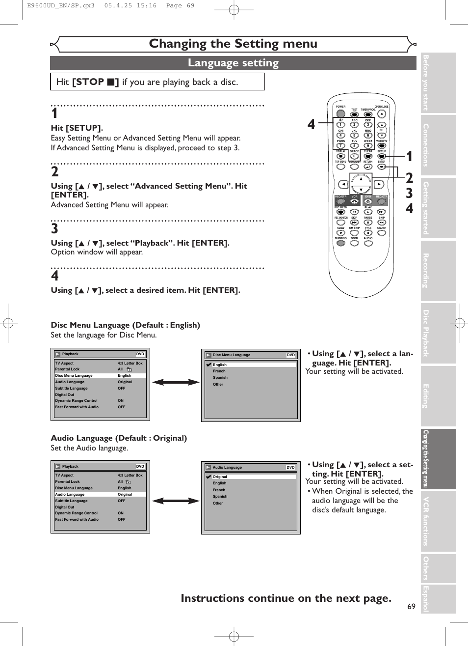 Changing the setting menu, Language setting, Instructions continue on the next page | Hit [stop c ] if you are playing back a disc, Using [ k / l ], select a desired item. hit [enter | Emerson EWR20V5 User Manual | Page 71 / 90