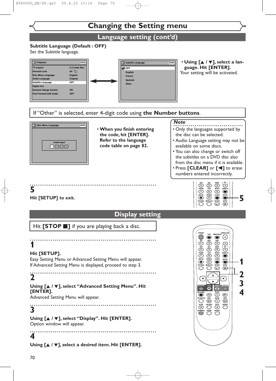 Changing the setting menu, Language setting (cont’d), Display setting | Hit [stop c ] if you are playing back a disc, Hit [setup] to exit, Using [ k / l ], select a desired item. hit [enter | Emerson EWR20V5 User Manual | Page 72 / 90