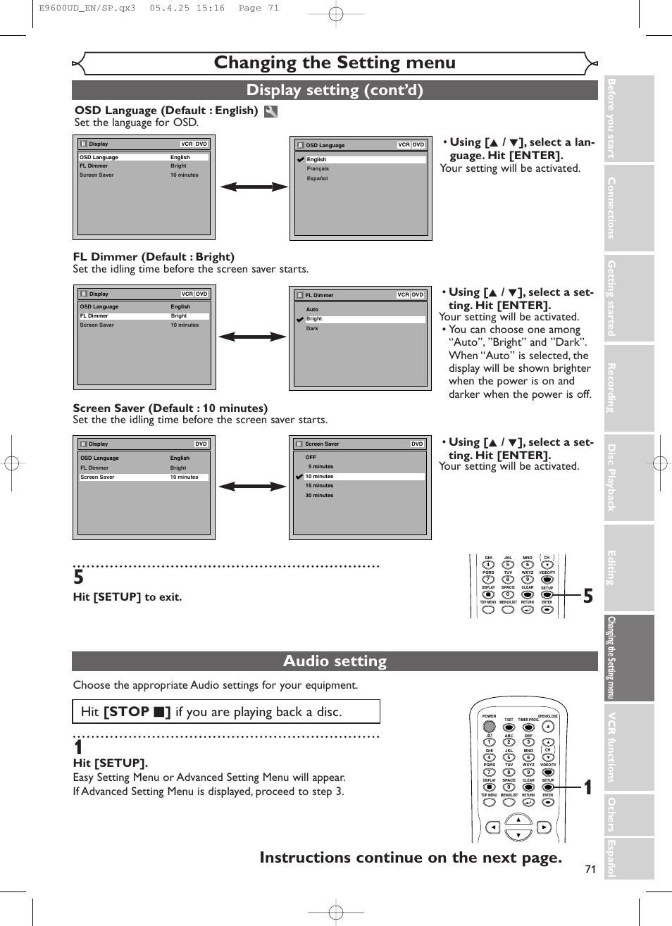 Changing the setting menu, Display setting (cont’d), Hit [stop c ] if you are playing back a disc | Hit [setup] to exit | Emerson EWR20V5 User Manual | Page 73 / 90