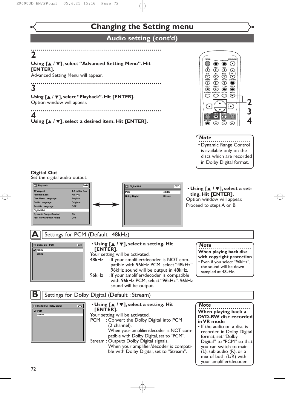 Changing the setting menu, Audio setting (cont’d), Settings for dolby digital (default : stream) | Settings for pcm (default : 48khz), Using [ k / l ], select a desired item. hit [enter | Emerson EWR20V5 User Manual | Page 74 / 90