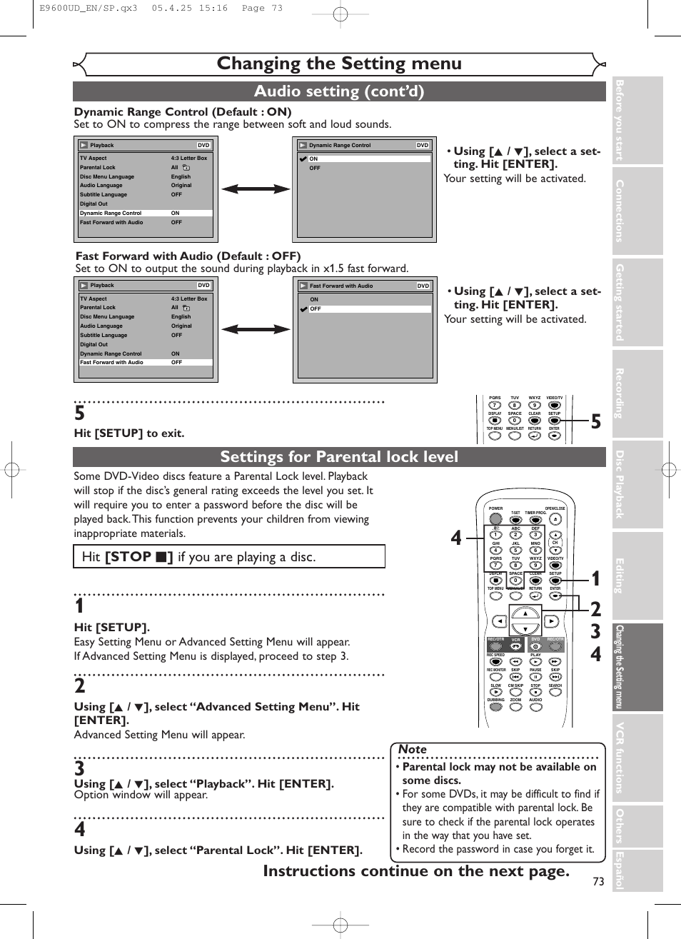 Changing the setting menu, Audio setting (cont’d), Hit [stop c ] if you are playing a disc | Hit [setup] to exit, Others espa ñ ol | Emerson EWR20V5 User Manual | Page 75 / 90