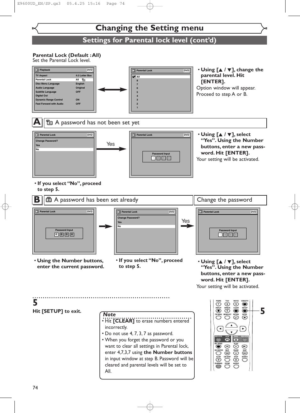 Changing the setting menu, Settings for parental lock level (cont’d), A password has been set already | Change the password, A password has not been set yet, Hit [setup] to exit, If you select “no”, proceed to step 5. yes | Emerson EWR20V5 User Manual | Page 76 / 90