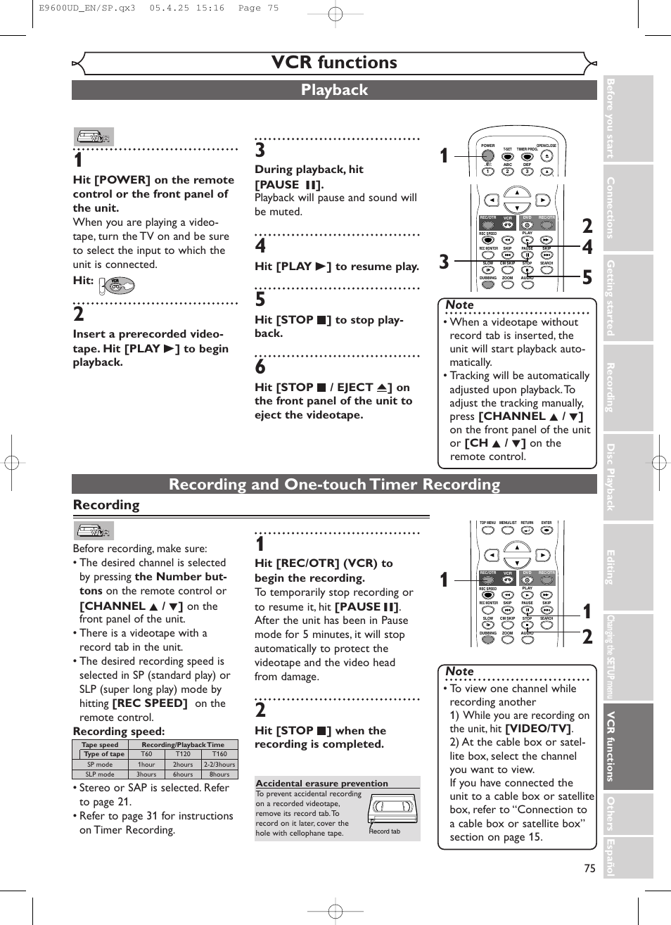 Vcr functions, Playback, Recording and one-touch timer recording | Recording | Emerson EWR20V5 User Manual | Page 77 / 90
