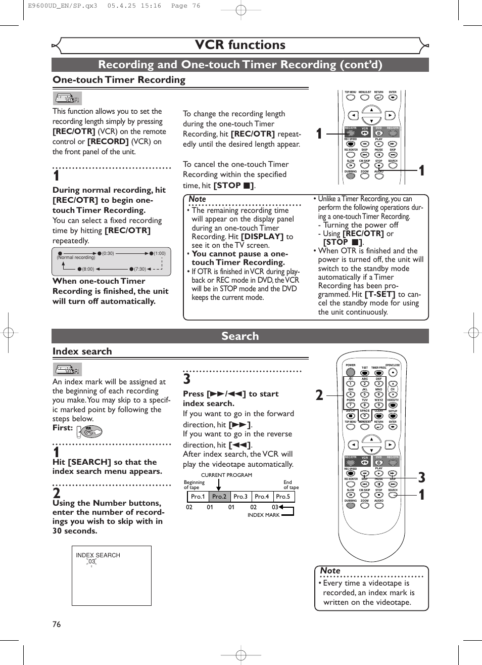 Vcr functions, Recording and one-touch timer recording (cont’d), Search | One-touch timer recording, Index search, Hit [search] so that the index search menu appears | Emerson EWR20V5 User Manual | Page 78 / 90