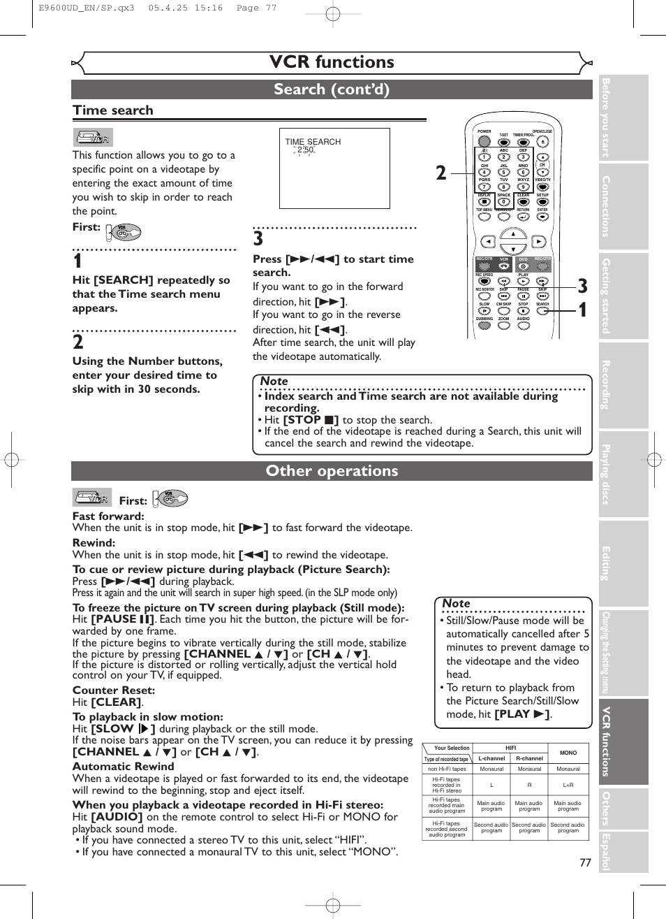 Vcr functions, Other operations, Search (cont’d) | Time search, Others espa ñ ol | Emerson EWR20V5 User Manual | Page 79 / 90