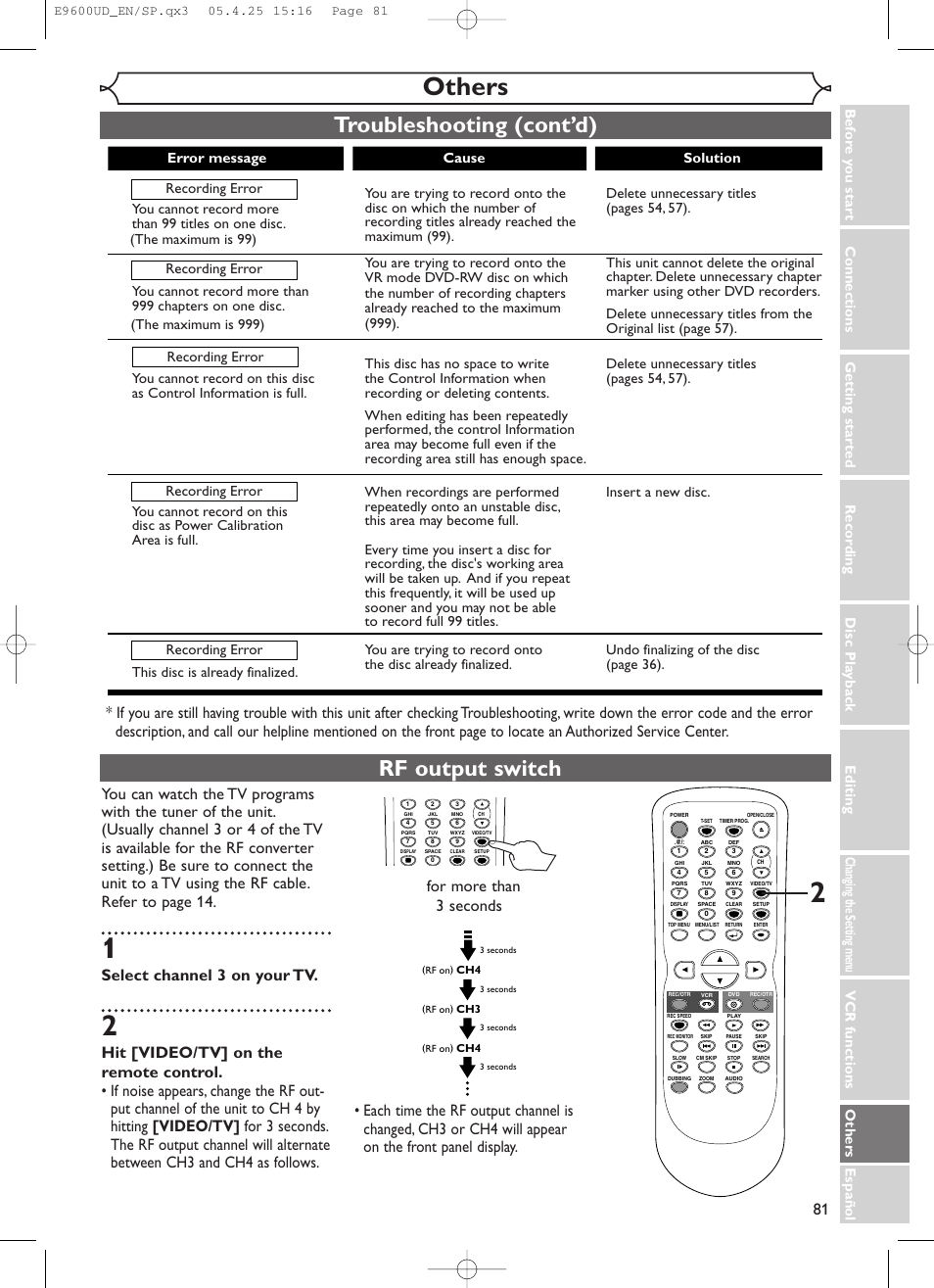 Others, Troubleshooting (cont’d), Rf output switch | Select channel 3 on your tv, For more than 3 seconds | Emerson EWR20V5 User Manual | Page 83 / 90