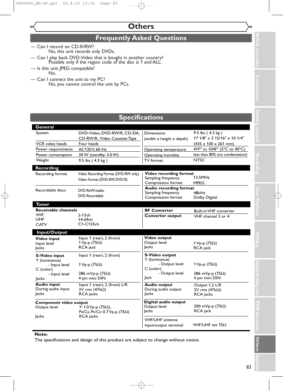 Others, Specifications, Frequently asked questions | Emerson EWR20V5 User Manual | Page 85 / 90