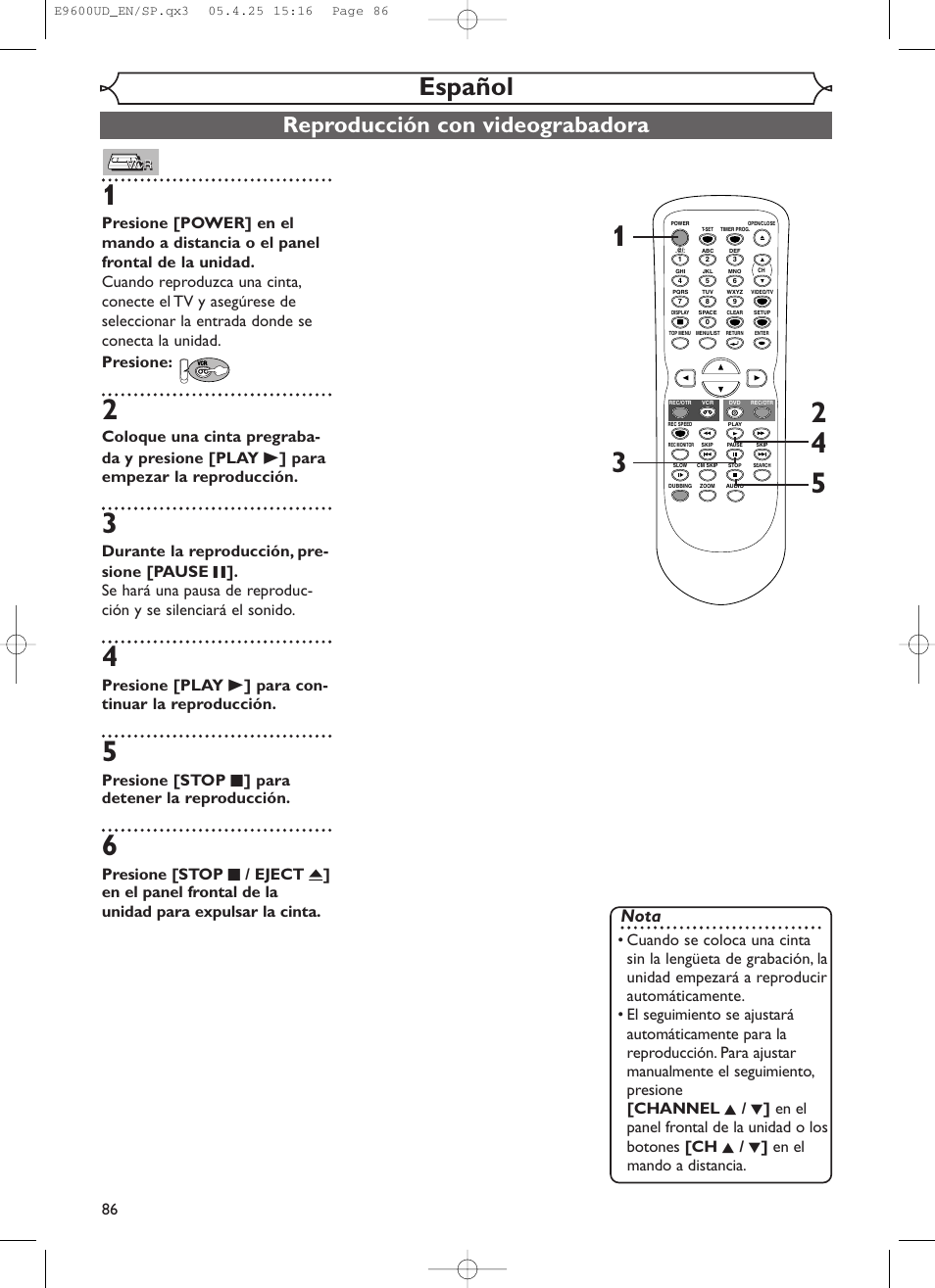 Español, Reproducción con videograbadora, Nota | Presione [stop c ] para detener la reproducción | Emerson EWR20V5 User Manual | Page 88 / 90