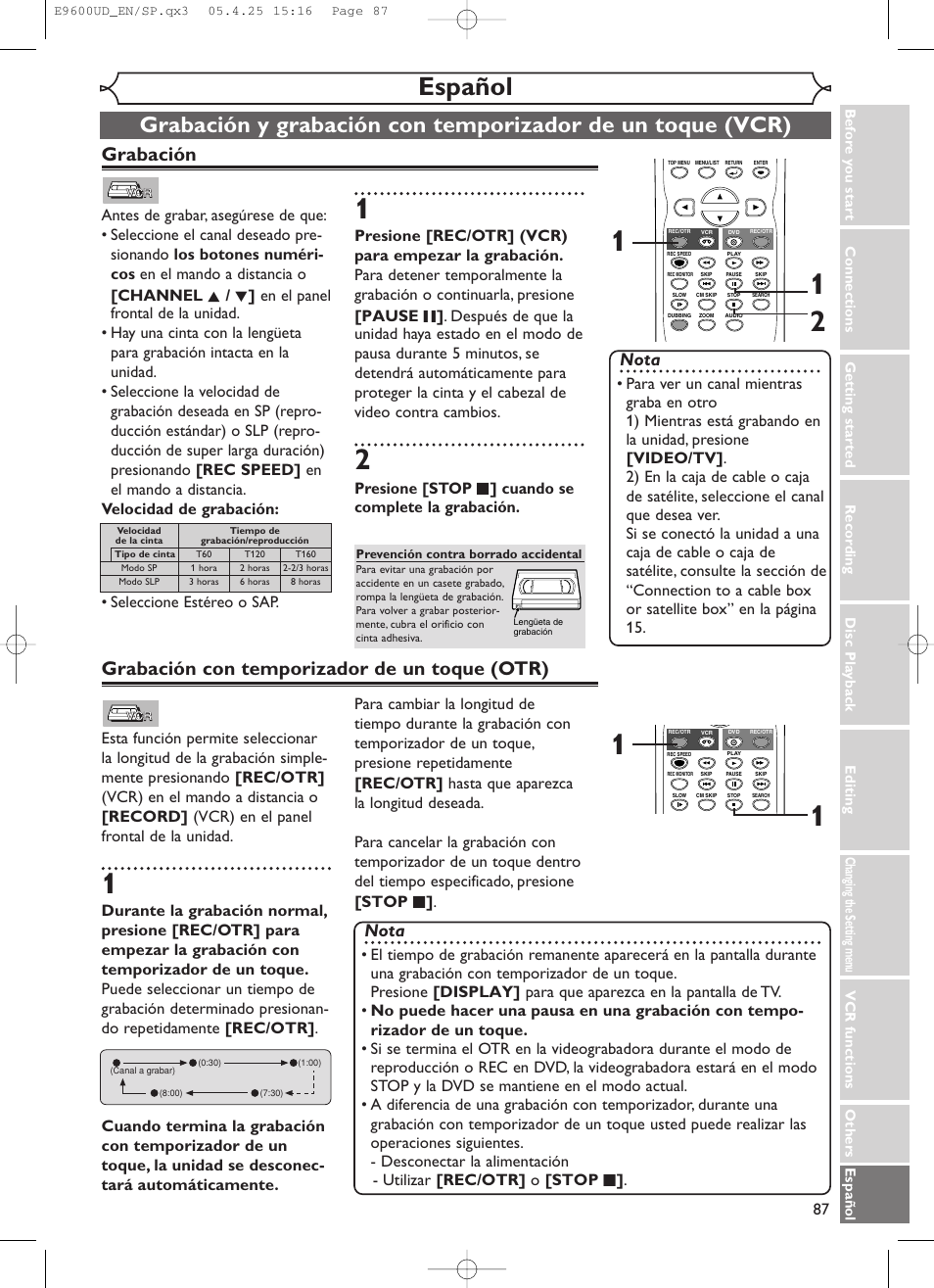 Español, Grabación con temporizador de un toque (otr), Grabación | Nota, Presione [stop c ] cuando se complete la grabación | Emerson EWR20V5 User Manual | Page 89 / 90