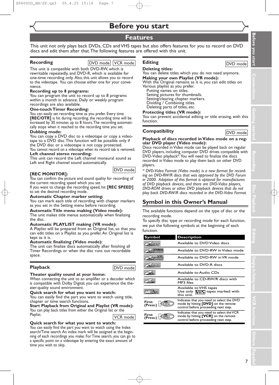 Before you start, Features, Symbol in this owner’s manual | Emerson EWR20V5 User Manual | Page 9 / 90