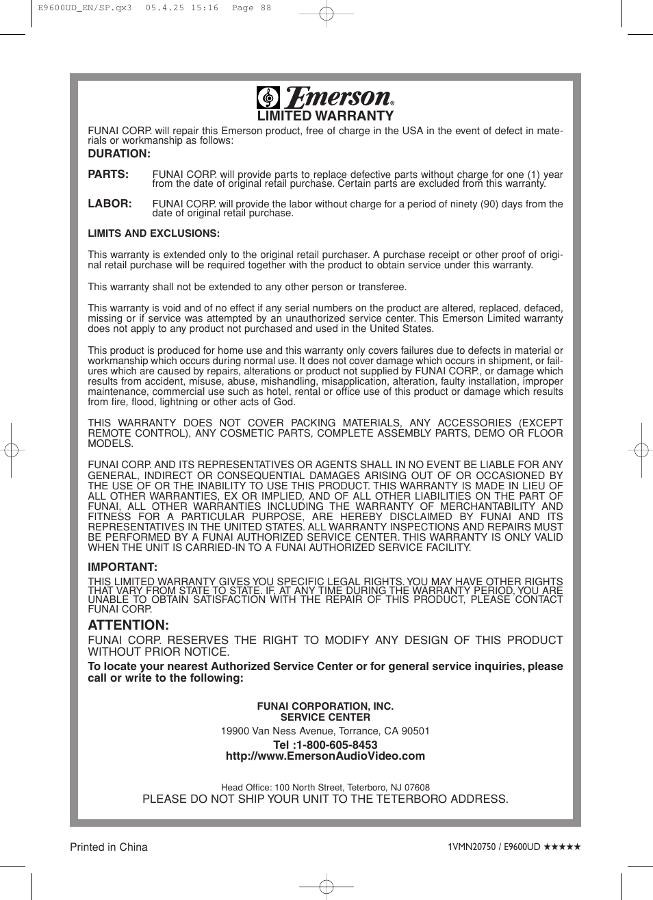 Limited warranty, Attention | Emerson EWR20V5 User Manual | Page 90 / 90