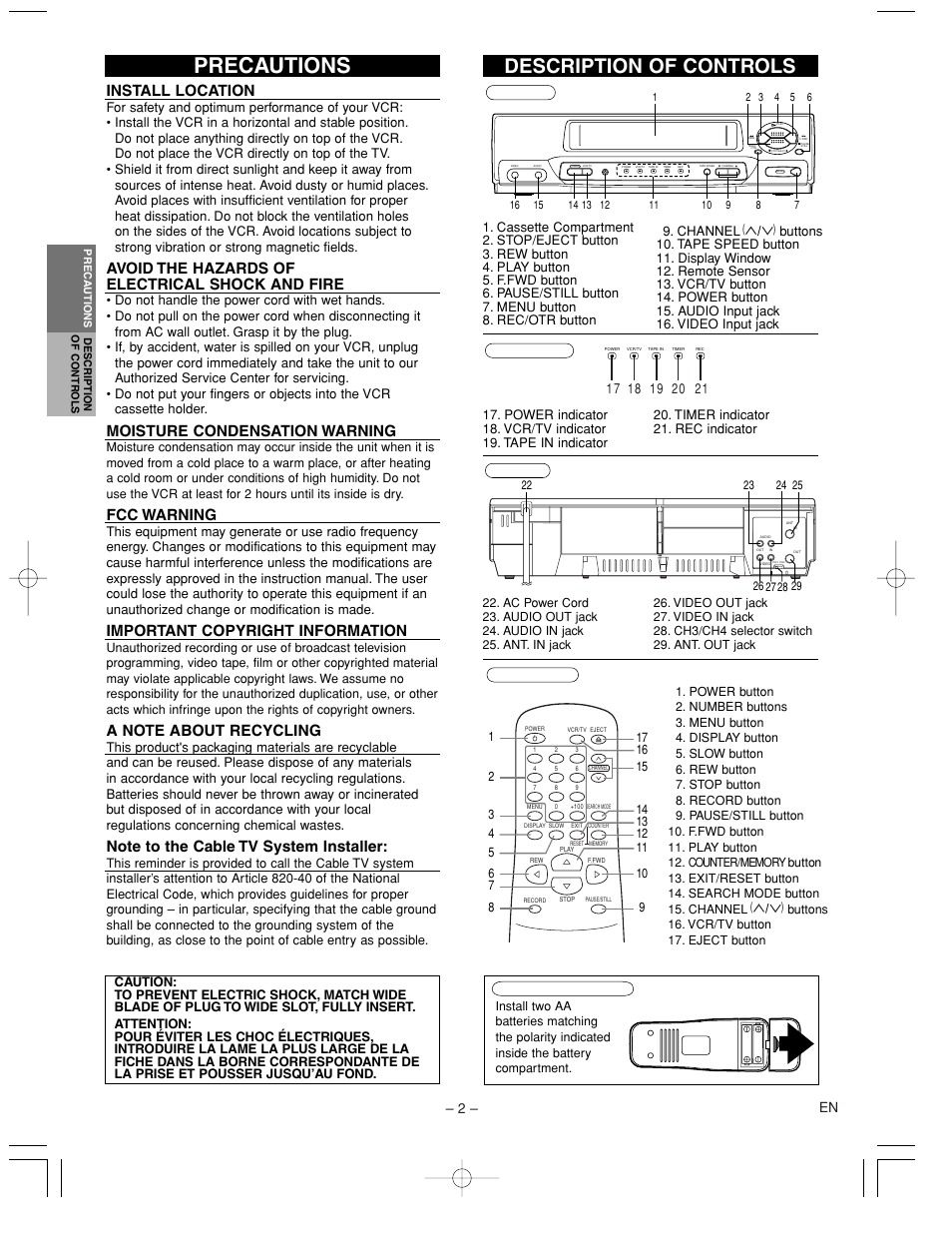 Precautions, Description of controls, Install location | Avoid the hazards of electrical shock and fire, Moisture condensation warning, Fcc warning, Important copyright information, 2 – en | Emerson EWV402M User Manual | Page 2 / 8