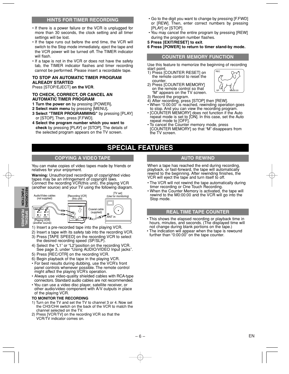 Special features, Copying a video tape, Hints for timer recording | Auto rewind, Real time tape counter | Emerson EWV402M User Manual | Page 6 / 8