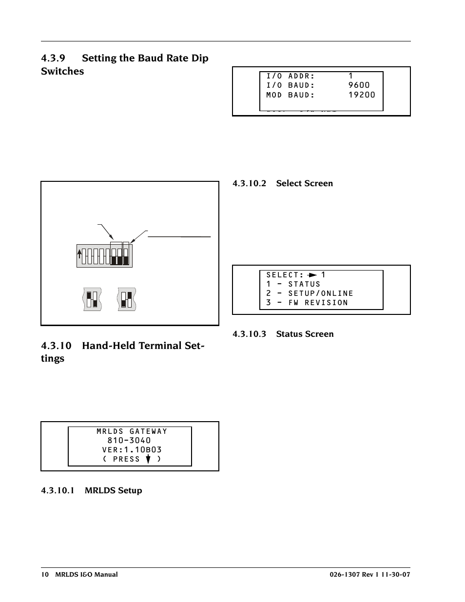 9 setting the baud rate dip switches, 10 hand-held terminal settings, 1 mrlds setup | 2 select screen, 3 status screen, 10 hand-held terminal set- tings | Emerson MRLDS User Manual | Page 16 / 20