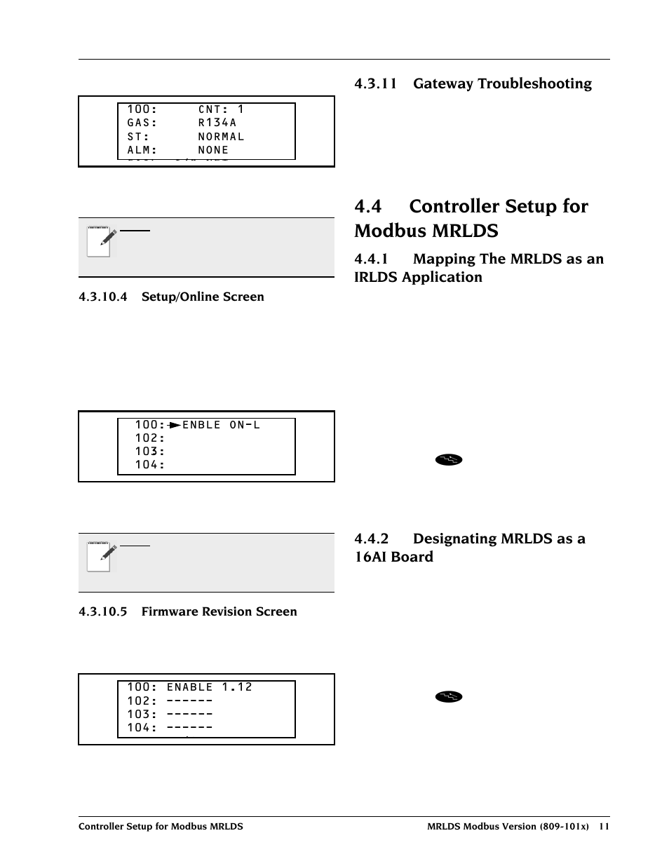 4 setup/online screen, 5 firmware revision screen, 11 gateway troubleshooting | 4 controller setup for modbus mrlds, 1 mapping the mrlds as an irlds application, 2 designating mrlds as a 16ai board, Ontroller, Etup, Odbus, Mrlds | Emerson MRLDS User Manual | Page 17 / 20