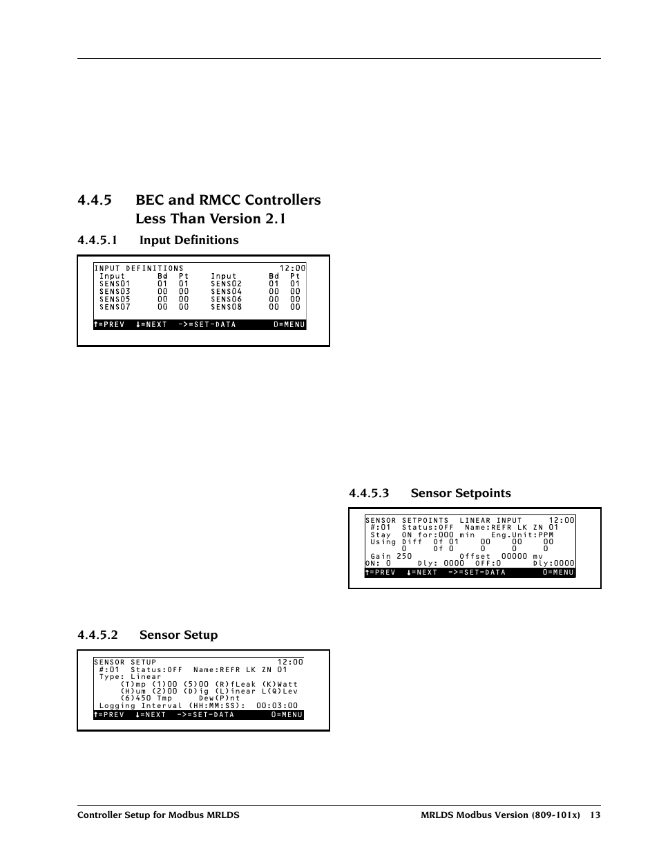 5 bec and rmcc controllers less than version 2.1, 1 input definitions, 2 sensor setup | 3 sensor setpoints | Emerson MRLDS User Manual | Page 19 / 20