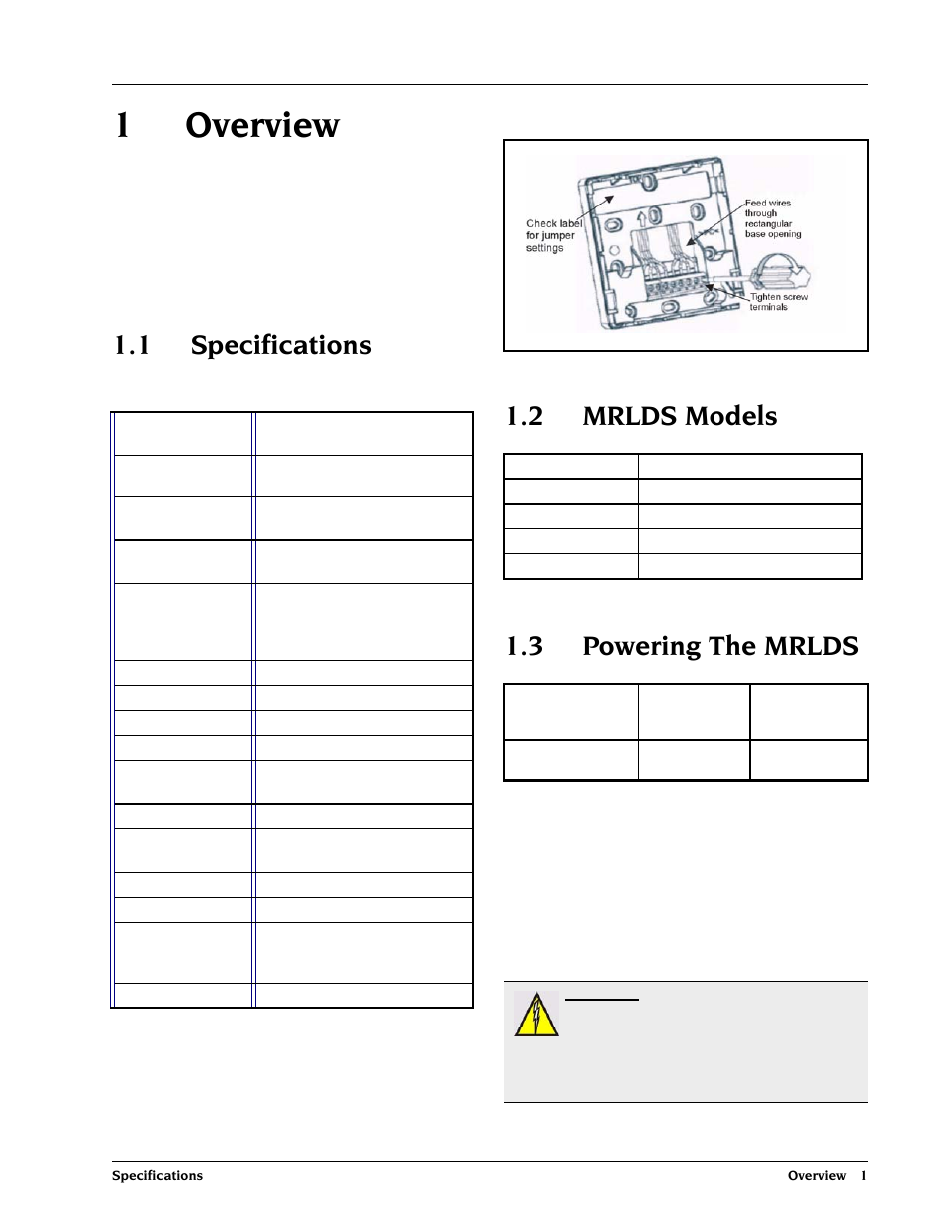 1 overview, 1 specifications, 2 mrlds models | 3 powering the mrlds, 2 mrlds m, Odels, Owering, Mrlds, 1overview, 2 mrlds models 1.3 powering the mrlds | Emerson MRLDS User Manual | Page 7 / 20