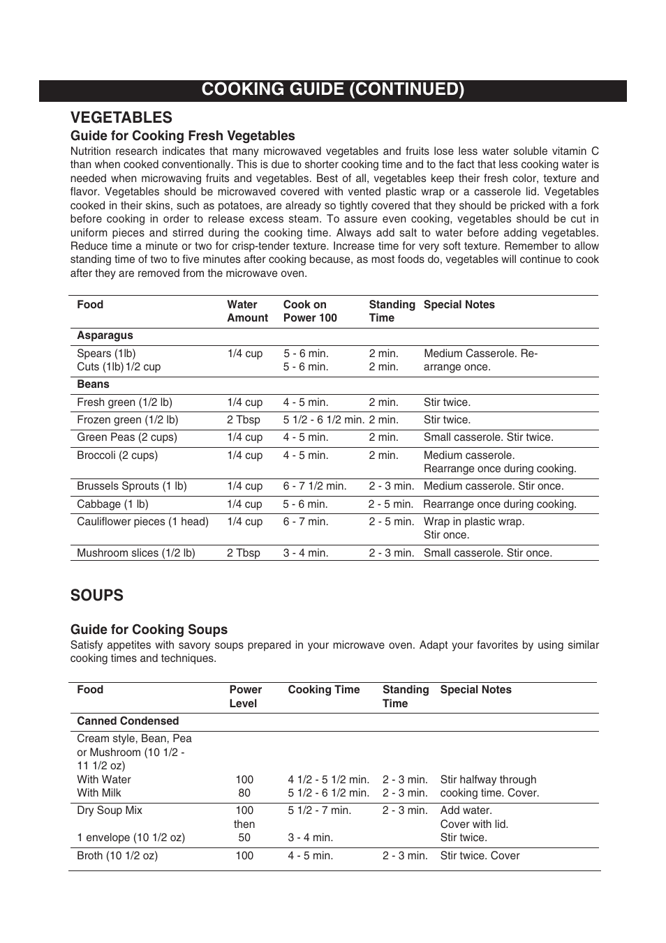 Cooking guide (continued), Vegetables, Soups | Emerson MW8991SB User Manual | Page 23 / 30